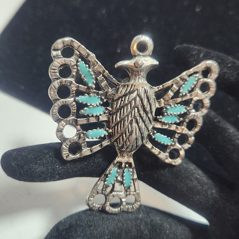 Vintage Thunderbird Pendant Silver Tone Turquoise color Inlay Southwestern Boho